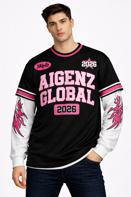 AIGenz: Global 2026 Cyber-Varsity Pink Flame Layered 2-in-1 Boxy Long Sleeve T-shirt