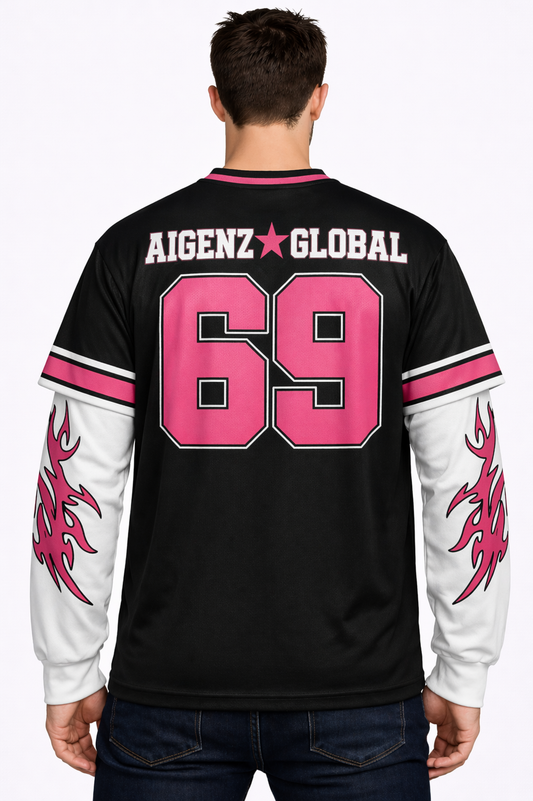 AIGenz: Global 2026 Cyber-Varsity Pink Flame Layered 2-in-1 Boxy Long Sleeve T-shirt