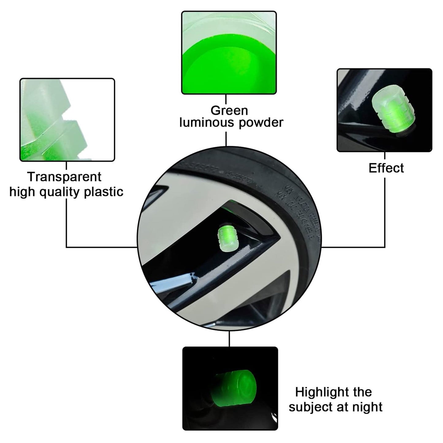 Vibrant Tyre Valve Caps Luminous Glow Car Tire Air Stem Valve Cap Covers ( 4 Pcs ) | Upgrade your Vehicles tyres!